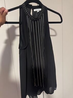 SOLUTION Black Beaded Fringe Halter Top sz M - NWT